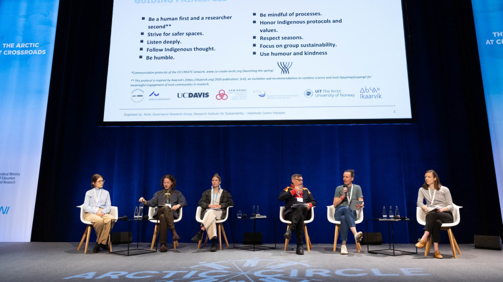 In-person speakers at the Arctic Circle Forum Berlin. From left to right: Evie Morin, Aslak Holmberg, Naja Dyrendom Graugaard, Jan-Erik Henriksen, Anne S. Chahine, Nina N. Döring. 